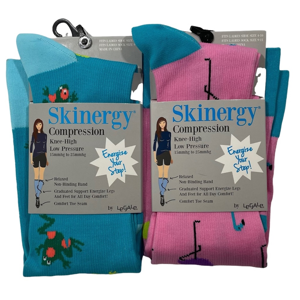 2 Pair: Skinergy Compression Knee-High Socks by LeGale Frog & Flamingo Prints
